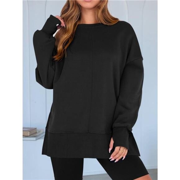 Side Slit Round Neck Long Sleeve Sweatshirt - Picture 8 of 16
